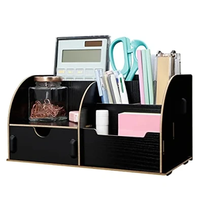 Image of EXERZ Wooden Desk Organiser/Desk Tidy Caddy/Pen Holder Remote with 7 Compartments Assembly by Youself Easily (Wooden Black)