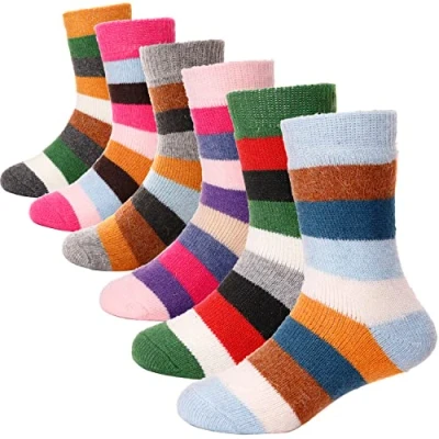 Image of ANTSANG Kids Merino Wool Walking Socks for Toddlers Boys Girls Winter Hiking Thick Warm Heavy Thermal Cosy Crew Boot Cabin Gift 6 Pairs(Striped,4 7 Y)