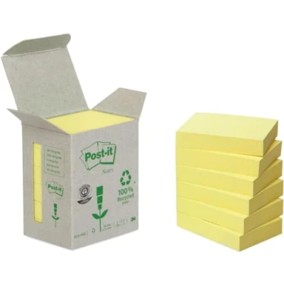 Image of Post it Recycling Notes Canary Yellow, Pack of 6 Pads, 100 Sheets per Pad, 38 mm x 51 mm, Yellow Color Self stick Made from 100% Recycled Paper