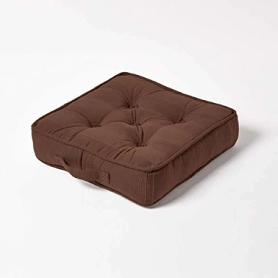Image of HOMESCAPES Rajput 100% Cotton Floor Cushion Chocolate 40 x 8 cm Square Indoor Garden Dining Chair Booster Seat Pad