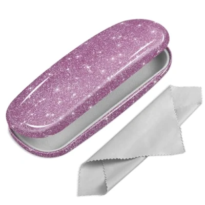 Image of Fintie Hard Shell Eyeglasses Case, Portable Protective Glasses Cover Eyeglass Holder Box with Cleaning Cloth for Men Women, Glittering Purple, S