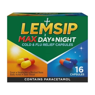 Image of Lemsip Max, Cold and Flu Tablets Day Night, 16 Capsules, Paracetamol, Relief, Blocked Nose Nasal Congestion Max Strength, Reduces Fever, Flu, Medication