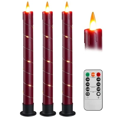 Image of Da by 3 Pcs Flickering Flameless Battery Operated Taper Candle Window Candles with Remote and Time LED 3D Dynamic Flame 9.6 Inches for Wedding, Party,Home Decoration Red