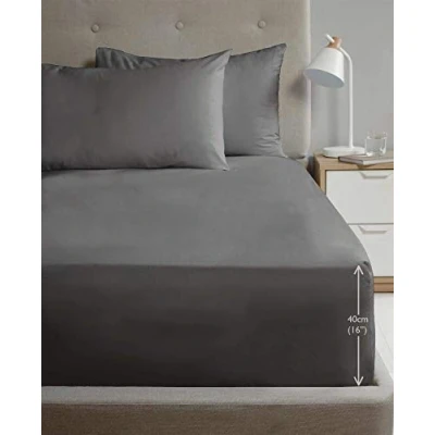 Image of Rapport Home Single Size Fitted Sheet Extra Deep 40cm Depth Charcoal Soft Easy Care Non Iron Percale Bed 16 inch Pocket