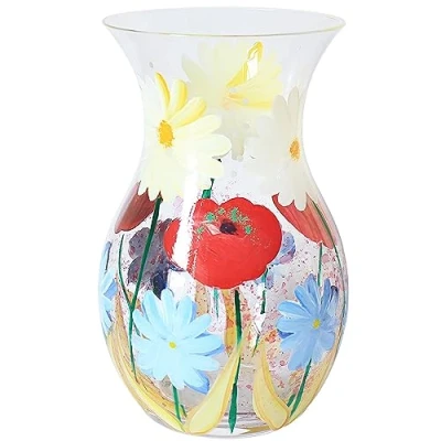 Image of Lesser &amp; Pavey Wild Garden Flowers Decorative Yellow Glass Vase Handpainted Floral Bud Style