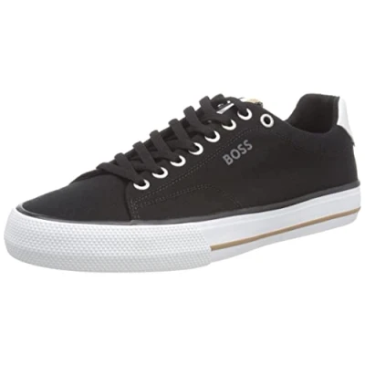 Image of BOSS Mens Aiden Tenn Cotton Canvas Trainers with Signature Stripe Trim Size 6 Black