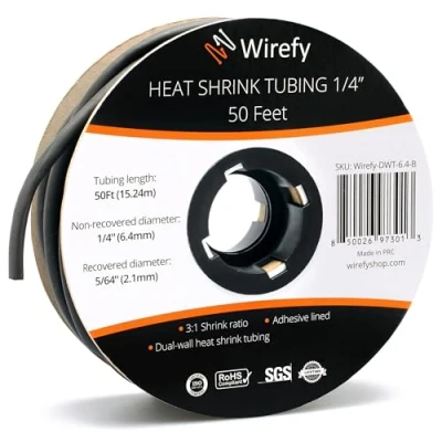 Image of Wirefy 1/4&quot; Heat Shrink Tubing 3:1 Ratio Adhesive Lined Marine Grade Black 50 Feet Roll