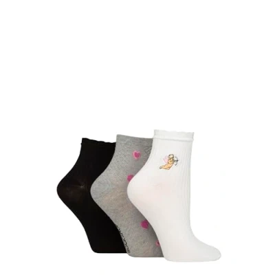 Image of Elle Ladies Bamboo Anklet Socks With Frill Welt Cuff, Embroidered Motifs, Textured Weaves,Ribbed in Soft Breathable Cooling Material Multipack of 3 Pairs Size 4 8 Cherub