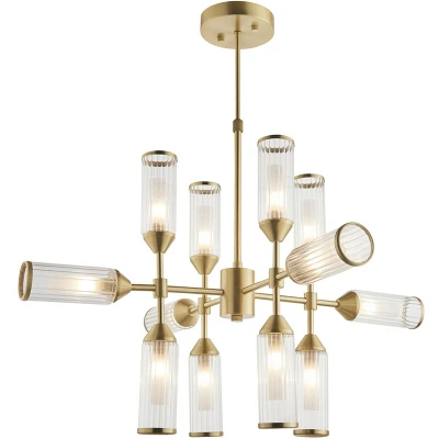 Image of Trieste 12 Light Ceiling Pendant Satin Brass Plate With Clear &amp; Frosted Glass