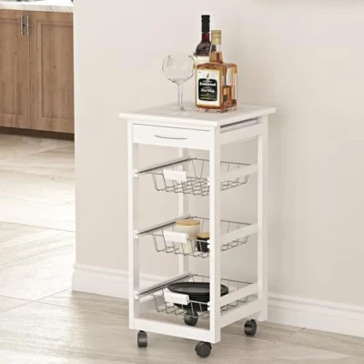 Image of URBNLIVING 3 Tier Modern Rolling Kitchen Storage Trolley Cart on Wheels Serving with Drawer and Basket Portable Mobile Organiser for Home Dining &amp; Entertaining, White