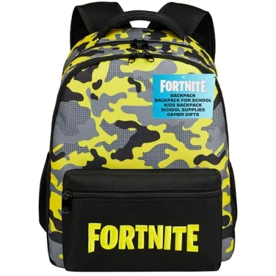 Image of Fortnite Backpack for Kids and Teenagers Gaming Rucksack School Bag with Zipped Compartments Book Daypack Travel Days Out Sports Gamer Gifts (Yellow, 40x29x17cm)