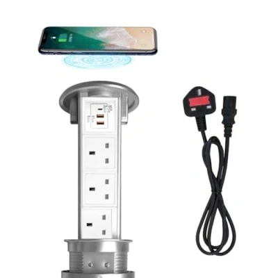 Image of ZESHAN Waterproof pop up socket kitchen worktop with wireless charger,3 AC Power sockets and 2 USB 1 C Fast Charging Ports Suitable for Home/Office Conference Table(Silver)