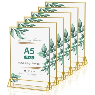 Image of WenYa 6 Pack A5 Acrylic Sign Holders with Gold Borders, 16x21cm Menu Holder, Clear Double sided Picture Stand Holder for Wedding, Restaurant Signs Display