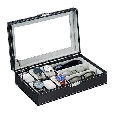 Image of Relaxdays Jewellery Box, Leather Look, Storage for Bracelets, Glasses &amp; Watches, Organiser, HWD: 9 x 33 20.5 cm, Black, fibreboard 40% Plastic 20% Cotton