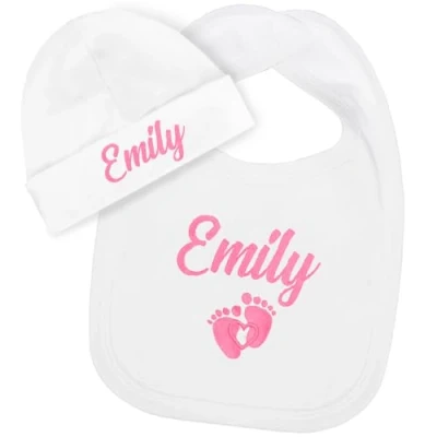 Image of TeddyT&#039;s Personalised Baby Footprint Feeding Bib &amp; Hat Set (Pink, 6 12 Months)