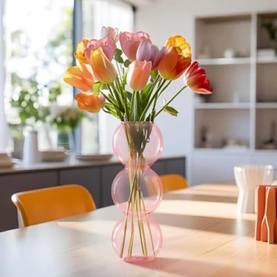 Image of Navaris Glass Bubble Vase Long for Tulips and Tall Flowers Transparent Decorative Design Home &amp; Kitchen Decor Ø12 (4.7&quot;) x 34cm (13.4&quot;) Pink