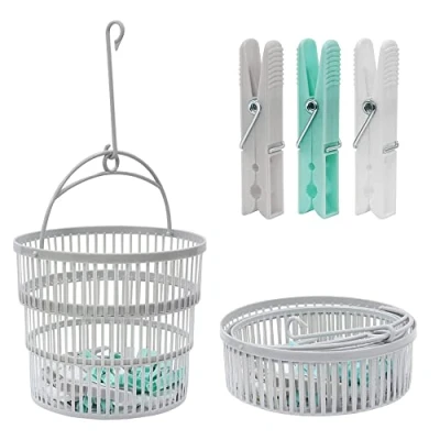 Image of Collapsible Clothes Peg Basket for Washing Line with Hanger &amp; 50 Pcs Multicoloured Pegs Strong and Durable Plastic Heavy Laundry