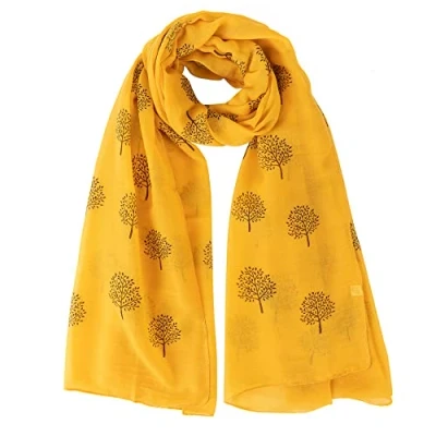 Image of London Scarfs Glitter Mulberry Trees Scarf Women Foil Printed Tree Fashion Ladies Wrap (Mustard with Black Tree)