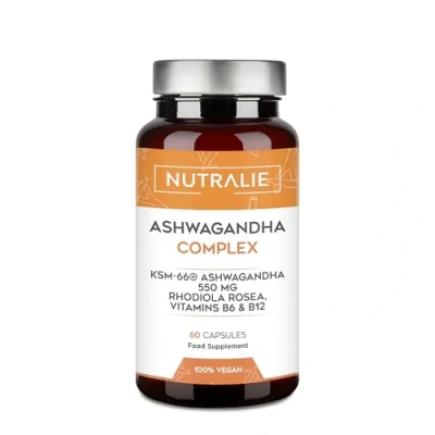 Image of Ashwagandha KSM 66® Complex Rhodiola Rosea + Vitamina B6 B12 BIO Available 5% of Withanolides Withania Somnifera Ayurveda Supplement 100% Natural Vegan 60 Capsules Nutralie