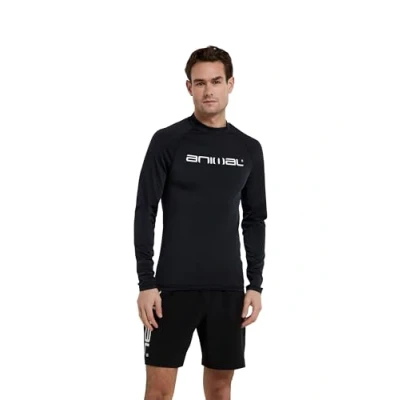 Image of Animal Sonny Mens Logo Rash Vest Repreve® Our Ocean™ Recycled, Quick Drying Top with UPF 50+, Chlorine &amp; Saltwater Resistant for Summer, Beach Surf Black