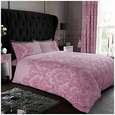 Image of GC GAVENO CAVAILIA Soft &amp; Cosy Empire Damask Floral Duvet Cover, Luxury Reversible Printed Easy Care Polycotton Bedding Set, King, Blush Pink