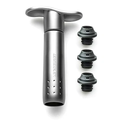 Image of Le Creuset Wine Accessories Metal Pump &amp; 3 Stoppers Satin Silver, 59014013001625