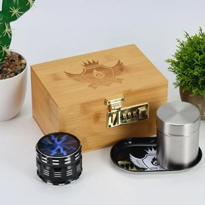 Image of BloomFlower Stash Box with Accessories, Smell Proof Set, Lockable Stashbox Combo Kit,Metal Rolling Tray,Stainless Steel Jar,Happy Smoking