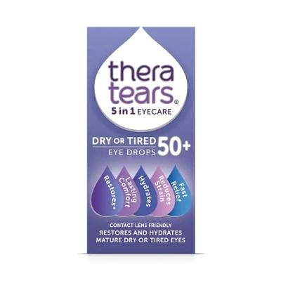 Image of TheraTears Dry or Tired Eye Drops 50+ Restores and Hydrates for Mature Eyes Contact Lens Friendly Long Lasting Relief Preservative Free 5 in 1 Care 10ml