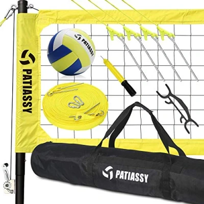 Image of Patiassy Professional Portable Volleyball Sets for Backyards, Beach, Outdoor Net and Ball Set System with Winch Anti Sag + Adjustable Poles, Yellow