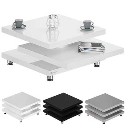 Image of CASARIA® New York Coffee Table 72x72cm High Gloss White Modern 360&quot; Rotating Top Design Cube Living Room Sofa Adjustable Levelling Feet MDF