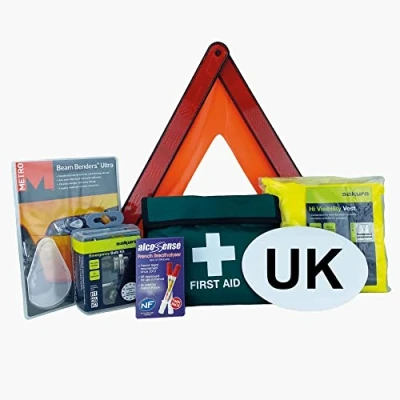 Image of Sakura EU Travel and First Aid Kit SS5199 Warning Triangle, UK Plate, Beam Benders, Hi Vis Vest, Breathalysers, Bulb
