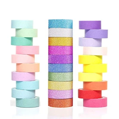 Image of Phantomon Washi Tape Set 30 Rolls 15mm 0.6 inch Wide Decorative Masking Multi Purpose in Solid, Glitter Rainbow Color DIY