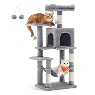 Image of Feandrea Cat Tree, 112 cm Tower for Indoor Cats, Multi Level Plush Condo with 4 Scratching Posts, 2 Perches, Cave, Hammock, Pompoms, Light Grey PCT261Ｗ01