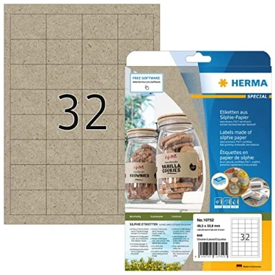 Image of HERMA Self Adhesive Multipurpose Labels, 32 Labels per A4 Sheet, 20 Sheets, 48.3 x 33.8 mm, 640 Blank Universal Stickers, Sticky Silphie for Laser &amp; Inkjet Printer, Natural Brown