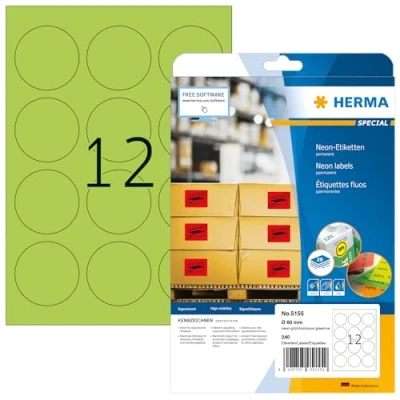 Image of HERMA Self Adhesive Coloured Round Labels, 12 Labels per A4 Sheet, 20 Sheets, Ø 60 mm, 240 Blank Colour Stickers, Sticky Dots for Laser &amp; Inkjet Printer, Neon Green