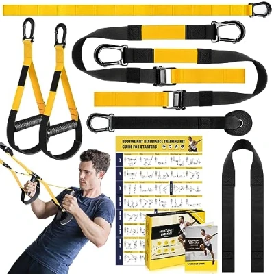 Image of Home Resistance Training Kit, Trainer Exercise Straps with Handles, Door Anchor and Carrying Bag for Gym, Bodyweight Workout Indoor &amp; Outdoor(Yellow)