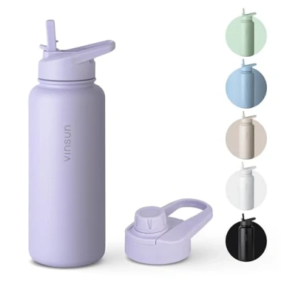 Image of VINSUN Stainless Steel Water Bottle Green 1L Leakproof, Carbonic Acid Suitable, BPA Free Straw Lid, Drinking Opening Thermo for Sport, Outdoor, School, Hiking, Office, Camping