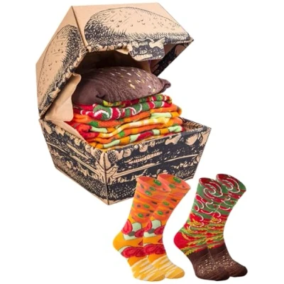 Image of Rainbow Socks Men Women Funny Vegan Burger Box 2 Pairs Size 7,5 11