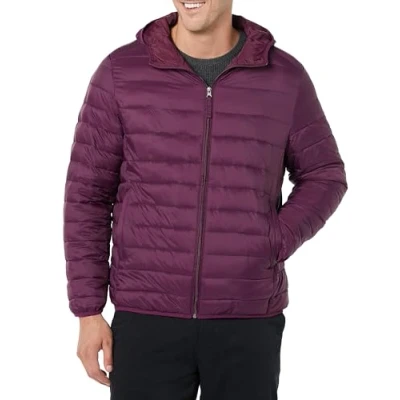 Image of Amazon Essentials Men&#039;s Lightweight Water Resistant Packable Hooded Puffer Jacket, Dark Purple, XS