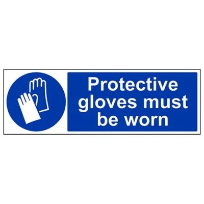 Image of V Safety Protective Gloves Must Be Worn PPE Sign 600mm x 200mm Self Adhesive Vinyl