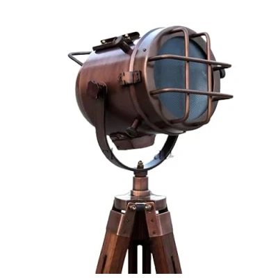 Image of Handmade Copper Floor lamp with Wooden Tripod Nautical Modern searchlight Home &amp; Office Decorative Light Gift