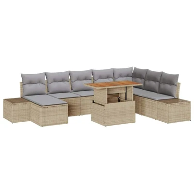 Image of vidaXL 9 Piece Garden Dining Set with Cushions Beige Poly Rattan Acacia