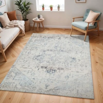 Image of Livabliss Tampa Vintage Rug Area Rugs for Living Room 157x213 cm, Bedroom Scandi Neutral Rug, Traditional Patterned Boho Style, Natural Easy Care Pile Large Blue and Cream