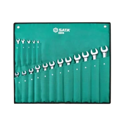 Image of SATA ST08018 02 17 Piece Metric Combination Wrench/Spanner Set, Polished, 6mm 22mm, with Offset Box Ends, in Durable Tool Roll