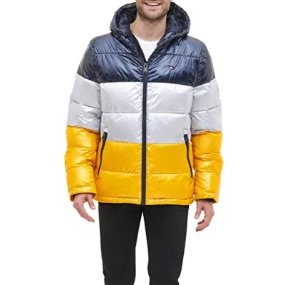 Image of Tommy Hilfiger Men&#039;s Hooded Puffer Jacket Down Alternative Coat, Pearlized Yellow/Navy, M