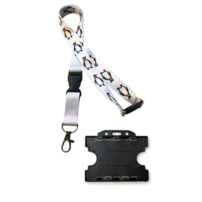 Image of Penguin Lanyard with Deatchable Buckle Clip &amp; Safety Breakaway Double Black Horrizontal Card Holder