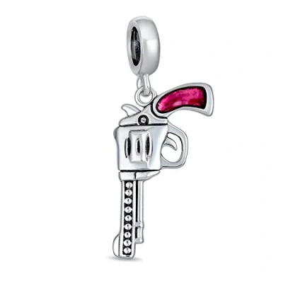 Image of Western Marksmen Pistol Revolver Gun Dangle Bead Charm For Women Oxidized .925 Sterling Silver Fits European Bracelet