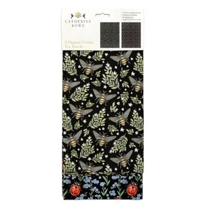 Image of Museums &amp; Galleries Tea Towels Organic Cotton Artistic Design Honey Bees and Ladybirds by Catherine Rowe Set of 2 Stylish Home Accessory