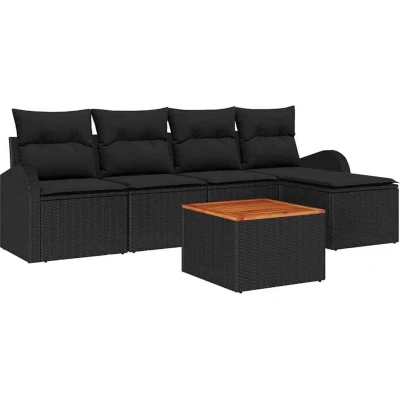 Image of vidaXL 6 Piece Garden Sofa Set with Cushions Black Poly Rattan Acacia