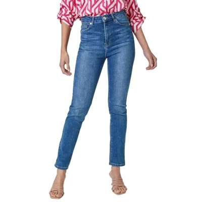 Image of Roman Originals Mom Jeans for Women UK Ladies Slim Leg Denim Trousers Stretch Cotton Smart Casual Pull On Straight Skinny Fit Regular Cut &amp; Curve Plus Sizes 29&#039; Indigo Size 20